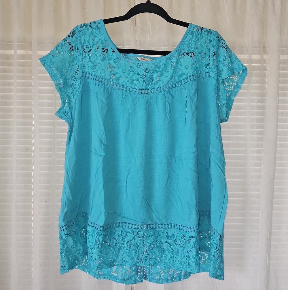 Ariat Turquoise Lace-Trim Short Sleeve Top